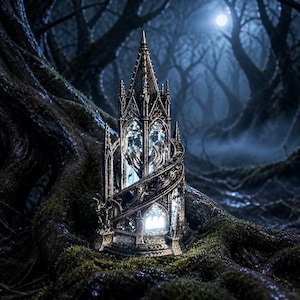 May include: A silver-toned, gothic-style tower lantern featuring intricate architectural details, pointed arches, and a spiralling staircase design. The structure is illuminated from within, casting a bright white light through its open panels.