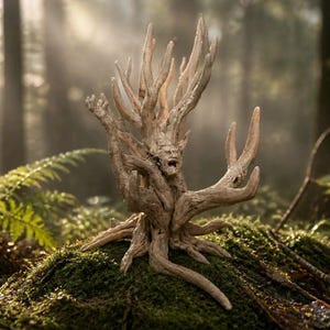 May include: A light brown sculpture shaped like a tree with multiple branches reaching upwards. The centre of the trunk features a detailed human face with an open mouth, appearing to scream. The texture resembles weathered wood or carved bark.