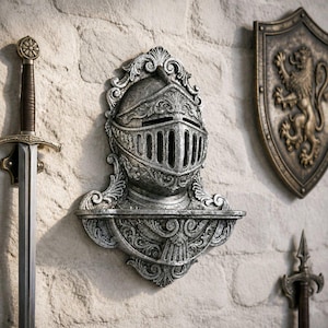 May include: A silver-toned wall-mounted knight helmet display shelf featuring intricate scrollwork and a visor with vertical slits. The helmet is flanked by a long sword on the left, a lion-crested shield on the right, and a dagger below.