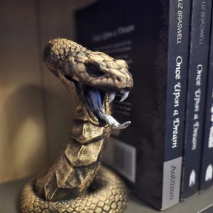 May include: A detailed, golden-brown snake figurine with its mouth open, revealing a blue tongue and white fangs. The snake is positioned in front of a row of books with the title "Once Upon a Dream" by Liz Braswell.