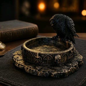 May include: A detailed, dark-toned decorative bowl with a sculpted raven perched on the edge. The bowl has a gothic design with skulls and arched windows. The base is textured and sits on a dark surface, creating a mysterious ambiance.