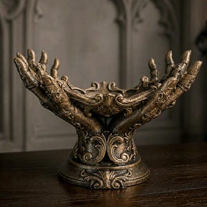May include: A decorative bowl featuring a bronze-toned finish with a base adorned in ornate scrollwork. The rim of the bowl is formed by multiple sculpted hands with extended fingers reaching upward, creating a unique, textured, and sculptural vessel.