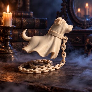May include: A cream-coloured figurine of a dog wearing a sheet like a ghost costume, featuring a collar attached to a long, dangling plastic chain that coils on the surface below. The dog is depicted in a floating pose with its tail pointed upward.