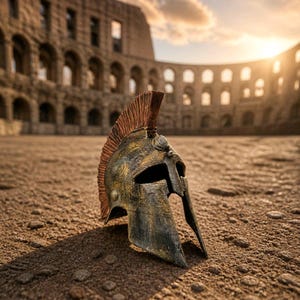 Könnte beinhalten: Ein metallischer, bronzefarbener Helm im Spartaner-Stil mit einem markanten, texturierten Kamm auf der Oberseite. Der Helm hat ein verwittertes, gealtertes Finish mit dunklen Patina-Akzenten, einer T-förmigen Gesichtsöffnung und einer starren Struktur.