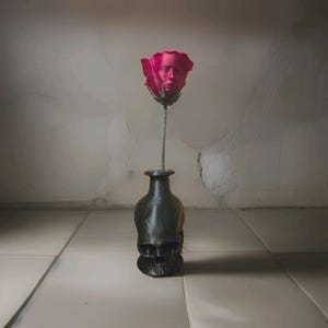 Könnte beinhalten: Eine schwarze, matte Vase in Schädelform hält einen einzelnen Stiel mit einer rosa Rose. Die Blütenblätter der Rose sind so geformt, dass sie einem menschlichen Gesicht ähneln. Die Vase steht auf einem gefliesten Boden vor einer strukturierten Wand.