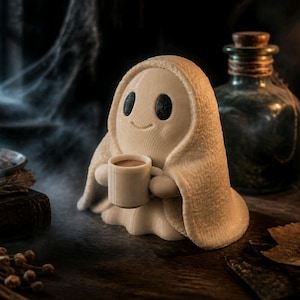 May include: A small, off-white, ghost-shaped figurine with large black eyes and a subtle smile, holding a matching small mug filled with a brown liquid. The ghost is draped in a textured, fabric-like material that covers its head and body.