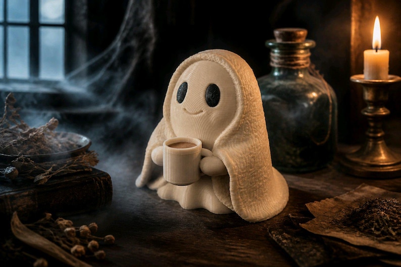 May include: A small, off-white, ghost-shaped figurine with large black eyes and a subtle smile, holding a matching small mug filled with a brown liquid. The ghost is draped in a textured, fabric-like material that covers its head and body.