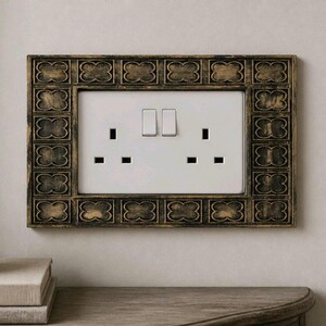 Può includere: Una placca rettangolare per doppia presa elettrica con una finitura color bronzo scuro anticato e un motivo ripetuto a forma di quadrifoglio. L'inserto centrale è bianco con due prese a tre fori e due interruttori a levetta.