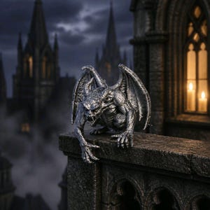 May include: A silver-toned gargoyle figurine with detailed wings, sharp claws, and a textured surface, perched in a crouched position on a stone ledge. The creature features a snarling expression with visible teeth and pointed ears, crafted with intricate metallic detailing.