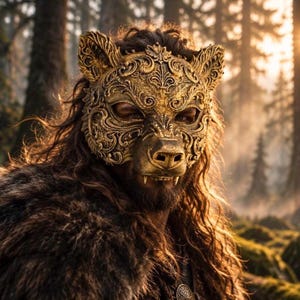 Op de afbeelding: Een goudkleurig, sierlijk wolvenmasker met ingewikkelde filigraanpatronen en gebeeldhouwde details. Het masker bedekt het bovenste deel van het gezicht en de neus, laat de ogen en mond vrij en wordt gedragen met een donker, gestructureerd imitatiebont.