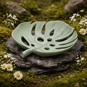 May include: A light green, leaf-shaped decorative dish with a detailed vein pattern and several holes. The dish is resting on a stack of dark gray, flat stones, surrounded by green moss and small white flowers.