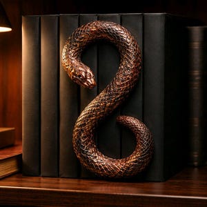 May include: A bronze snake bookend, coiled around a stack of black books. The snake has detailed scales, and the bookend is on a wooden shelf. A lamp and other books are in the background, creating a decorative display.