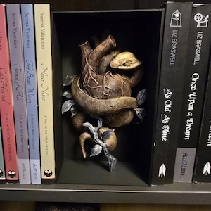 May include: A bookshelf featuring a selection of books with titles like "Never Never" and "Once Upon a Dream." A decorative heart sculpture with floral details is positioned between the books. The books are arranged on a dark shelf.
