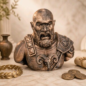 May include: A bronze-toned cyclops bust sculpture featuring a single central eye, a bearded face with an open mouth, and detailed armor plating. The chest piece displays a ram head emblem, while the shoulder armor features a skull motif.