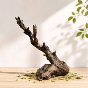 May include: A dark brown, weathered piece of driftwood shaped like a small, gnarled tree with a thick, textured base and a single, upward-reaching branch. The wood features deep grooves, ridges, and a rough, organic surface texture throughout.