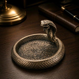 Può includere: Un vassoio circolare color bronzo caratterizzato da un motivo a scaglie di serpente in rilievo sulla base e sul bordo. Una figura tridimensionale di cobra con la bocca aperta e il cappuccio spiegato si erge da un lato, integrata nella struttura.