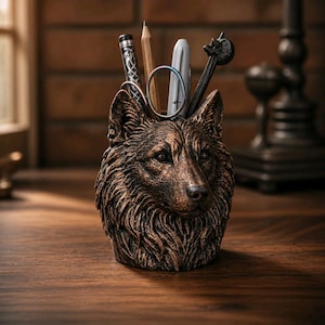 Könnte beinhalten: Ein bronzefarbener Schreibtisch-Organizer in Form eines Wolfskopfes. Der Stifthalter enthält einen Bleistift, einen Stift und andere Büroartikel. Das Fell des Wolfes ist detailliert, und der Organizer steht auf einer Holzoberfläche.