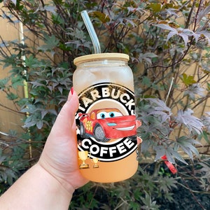 Cars Glass Can | 16oz Libbey Glass/Beer Can With Bamboo Lid | Mater & McQueen | Cartoon Glass Can | Gift For Her | Gift For Him