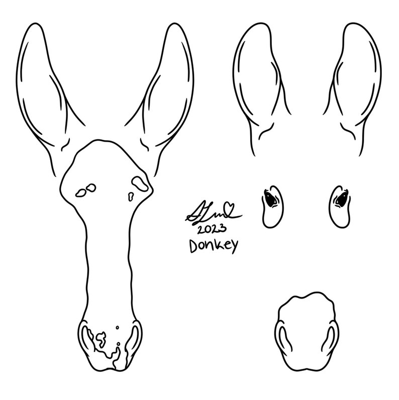 May include: Line drawing of a donkey's head, ears, and nose. The drawing is labeled "2023 Donkey".