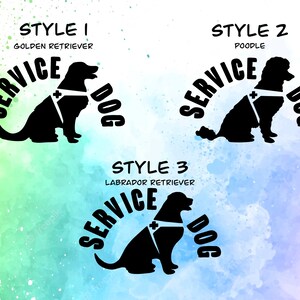 May include: Three different styles of service dog logos featuring a golden retriever, poodle, and labrador retriever. Each logo features the words "SERVICE DOG" in a circular design around the dog silhouette.