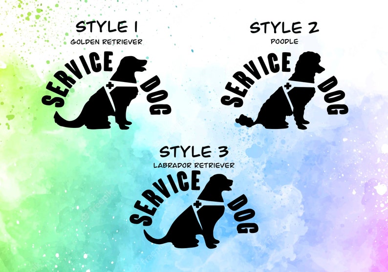 May include: Three different styles of service dog logos featuring a golden retriever, poodle, and labrador retriever. Each logo features the words "SERVICE DOG" in a circular design around the dog silhouette.