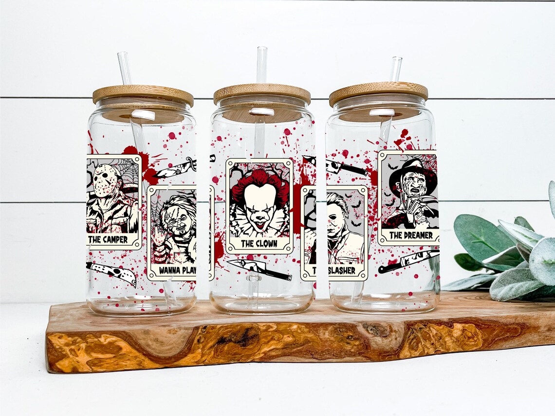 Horror Characters Glass Can | Halloween | 16 Oz Libbey Can | Trick or ...