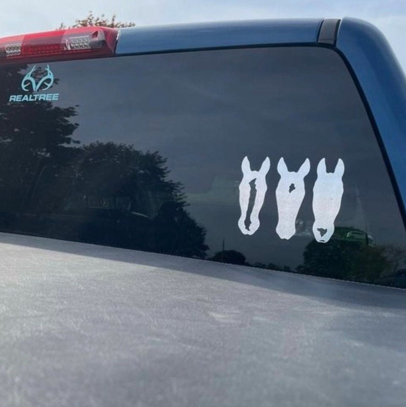 Puede incluir: Una ventana trasera de una camioneta azul con una calcoman&iacute;a blanca de tres cabezas de caballo. La calcoman&iacute;a est&aacute; en la parte inferior derecha de la ventana. La camioneta tiene un logotipo "REALTREE" en la parte trasera.