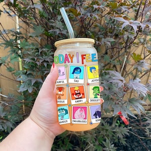 Lata de vidrio de dibujos animados &quot;Emociones&quot; / &quot;Intensamente&quot; / &quot;Amigos de las emociones&quot; / Vaso Libbey de 16 oz / Lata de cerveza con tapa de bambú / Mágica / Regalo