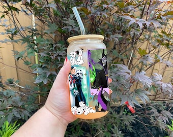 Villain Glass Can | Ursula | Cruella De Vil | Maleficent | Evil Queen | 16oz Libbey Glass | Beer Can With Bamboo Lid | Glass Can | Gift