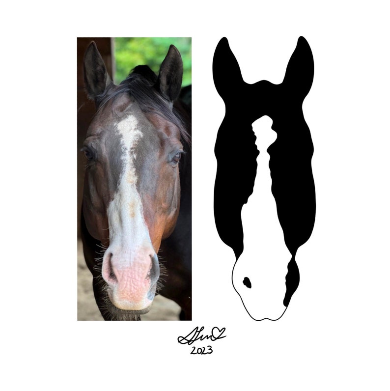 Puede incluir: Primer plano de la cabeza de un caballo marr&oacute;n y blanco con una estrella blanca en la frente. La cabeza del caballo est&aacute; sobre un fondo borroso de &aacute;rboles verdes. La imagen est&aacute; firmada "Shiloh 2023".