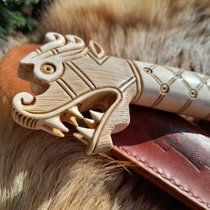 Hand-carved exclusive Viking style knife with Dragon head and leather sheath, Oseberg style, Drakkar, Dreki, Celtic art, Norse, Medieval
