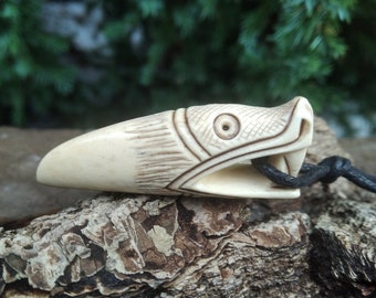 Small hand carved Drakkar amulet with Algiz. Viking necklace, Nordic pendant, Norse Dragon jewelry. Pagan. Celtic Jormungandr. Oseberg art