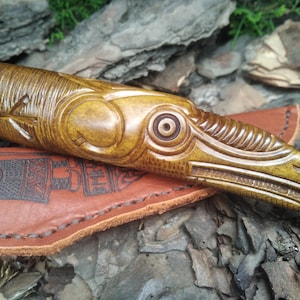 Viking pocket small knife with leather sheath and Raven head, Norse, Pagan Knife, Odin’s Raven / Crow head warrior runic knife -hand carved