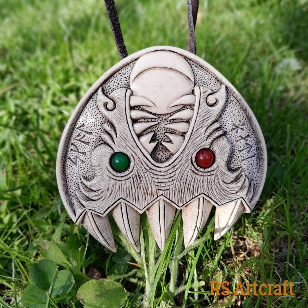 Hand-carved Moose Antler Viking Wolf Paw Amulet: Skoll and Hati