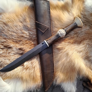 Unique Viking scramasax/knife with leather sheath. Hand-carved handle with silver inlays. Hand-forged Damascus steel. Norse seax.