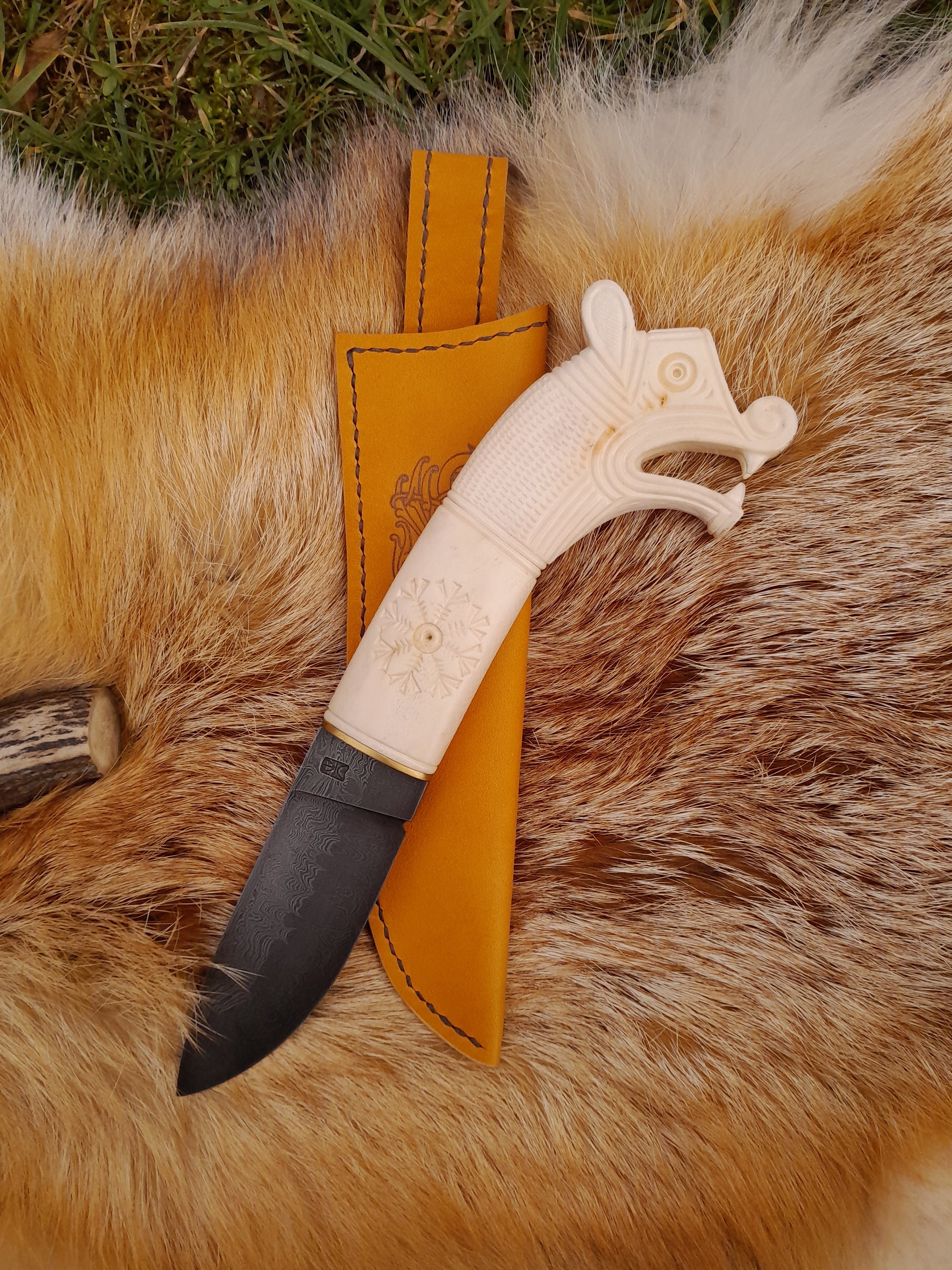 Viking Knife With Hand-carved Dragon Handle & Leather Sheath