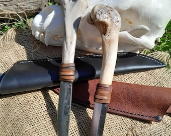 Cuchillo vikingo con mango de hueso y funda de cuero / Acero de Damasco o al carbono