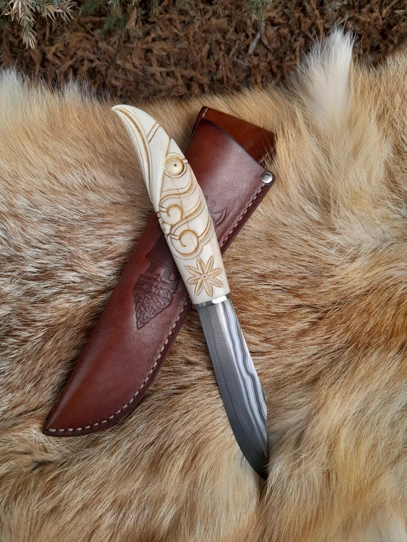 Hand-forged Damascus Steel Viking Seax: Raven Carved Moose Antler