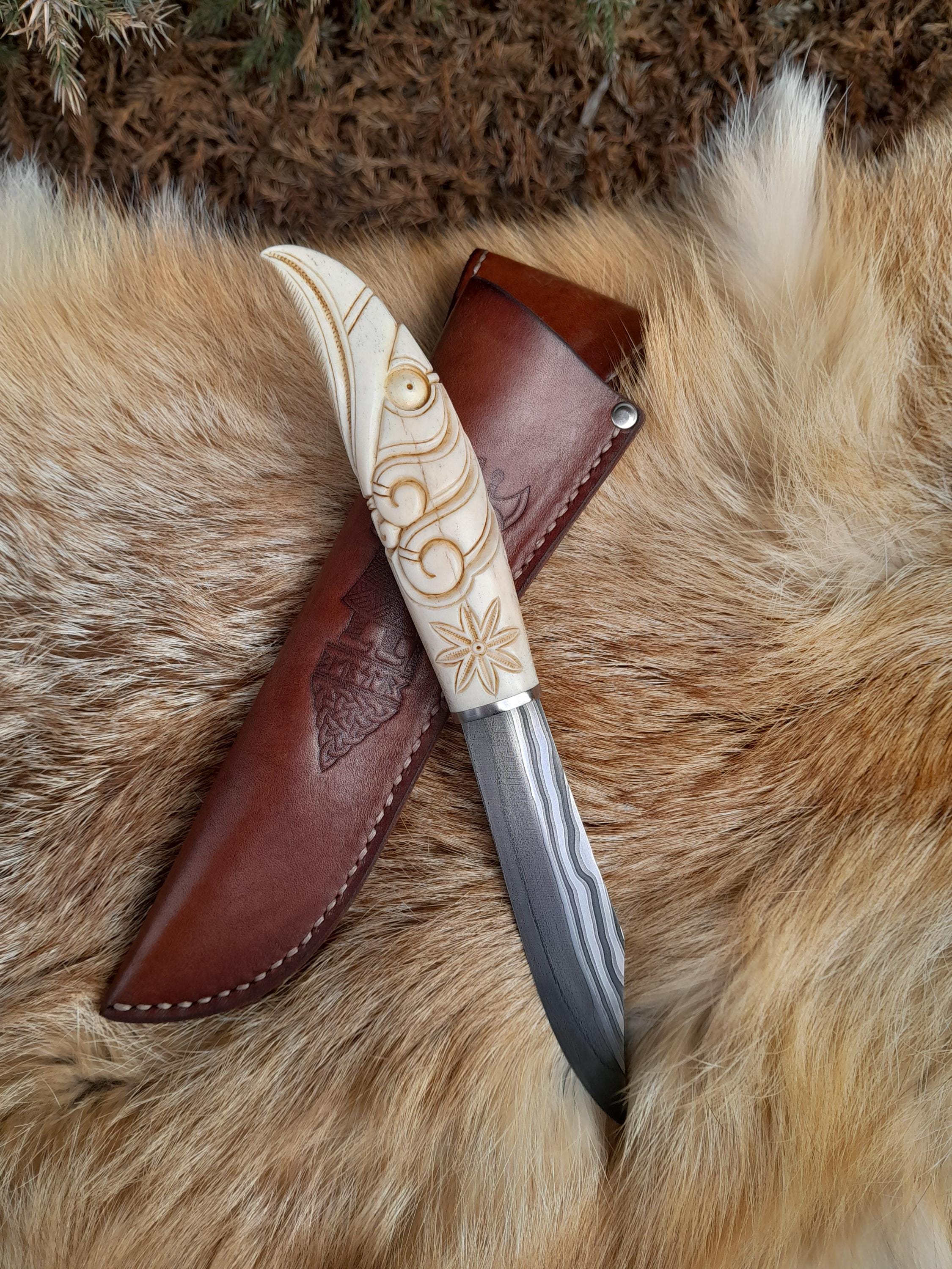 Hand-forged Damascus Steel Viking Seax: Raven Carved Moose Antler