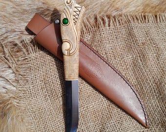Handgemaakt Vikingmes: drakengevest, 80CrV2-stalen lemmet, leren schede