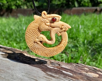 Unique hand carved Ouroboros circle talisman, Midgard Jormungandr serpent, Viking world snake jewelry, Norse Dragon amulet, infinity symbol