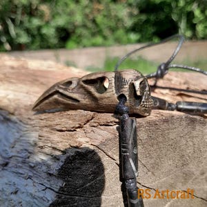 Raven Skull pendant with carved human skull. Handcrafted moose antler necklace. Pagan Viking amulet with bone beads. Witch, Gothic amulet.