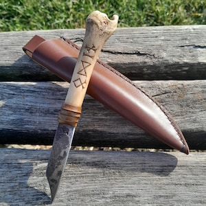 Handmade unique Vikings small pocket seax \ knife with bone handle and leather sheath. Odin-Thor in runes. Hand-forged Damascus steel blade