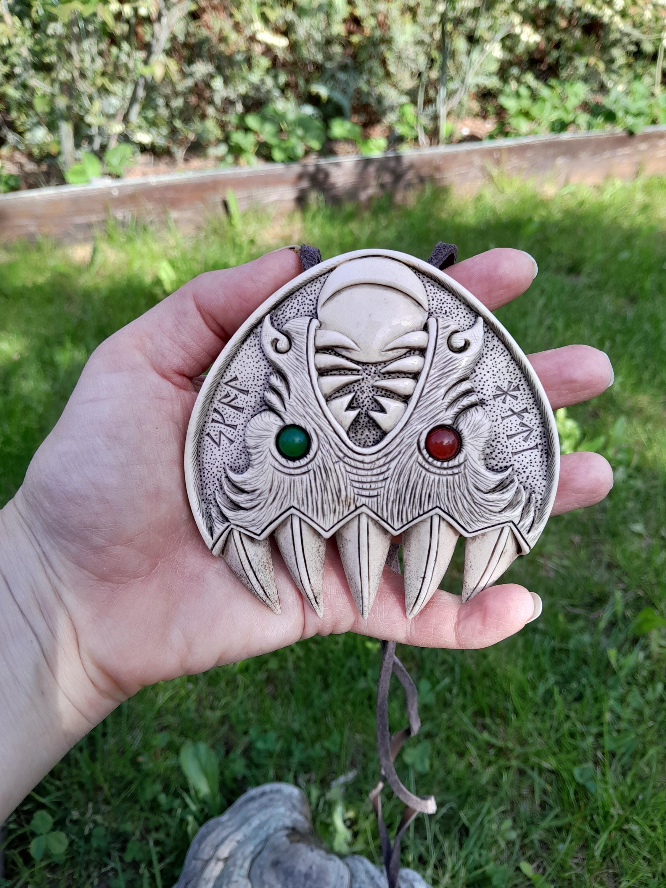 Hand-carved Moose Antler Viking Wolf Paw Amulet: Skoll and Hati