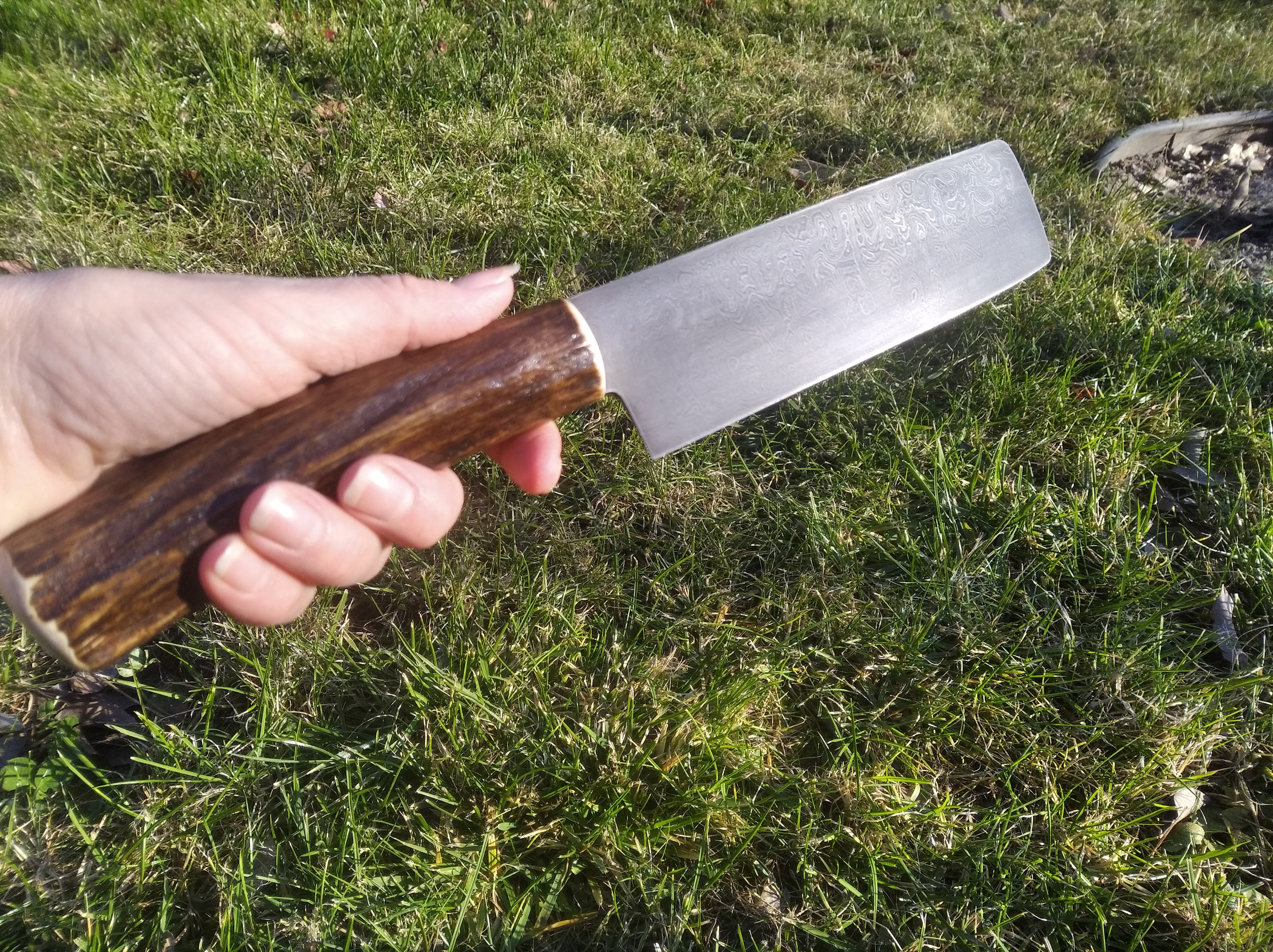 Hand-Forged Nakiri knife with Damascus blade. Cleaver Style