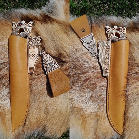 Unique Vikings Knife  Seax With Leather Sheath. Hand-carved Wolf