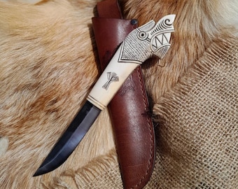 Handgemaakt Vikingmes: elandgewei drakenhandvat, 80CrV2-stalen lemmet