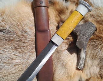 Handmade big Leuku knife. Sami knife. Nordic puukko knife with leather sheath. Hand-forged carbon fixed steel blade. Antler and wood handle