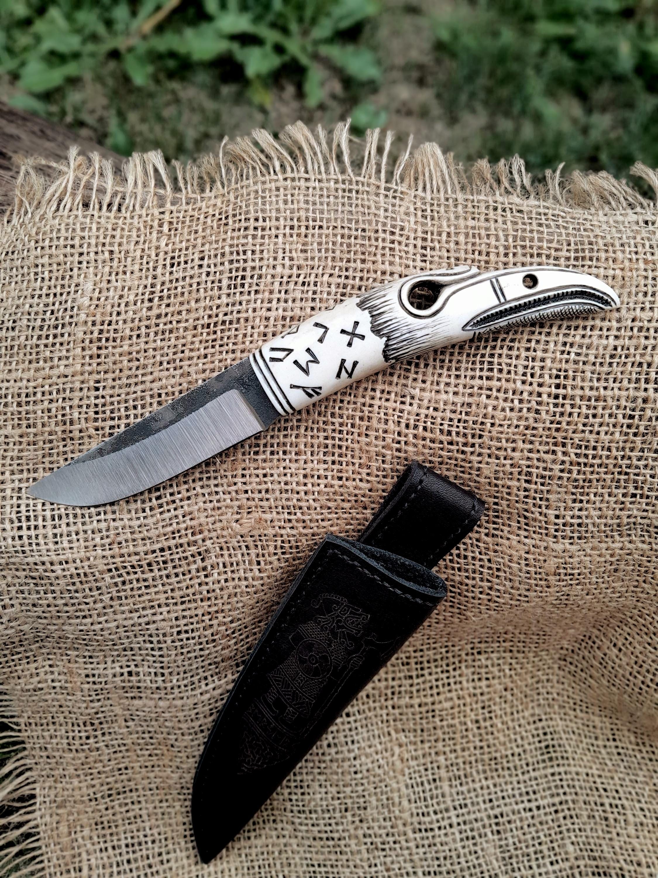 Viking Raven Skull Knife, Moose Antler Handle, Norse Runes