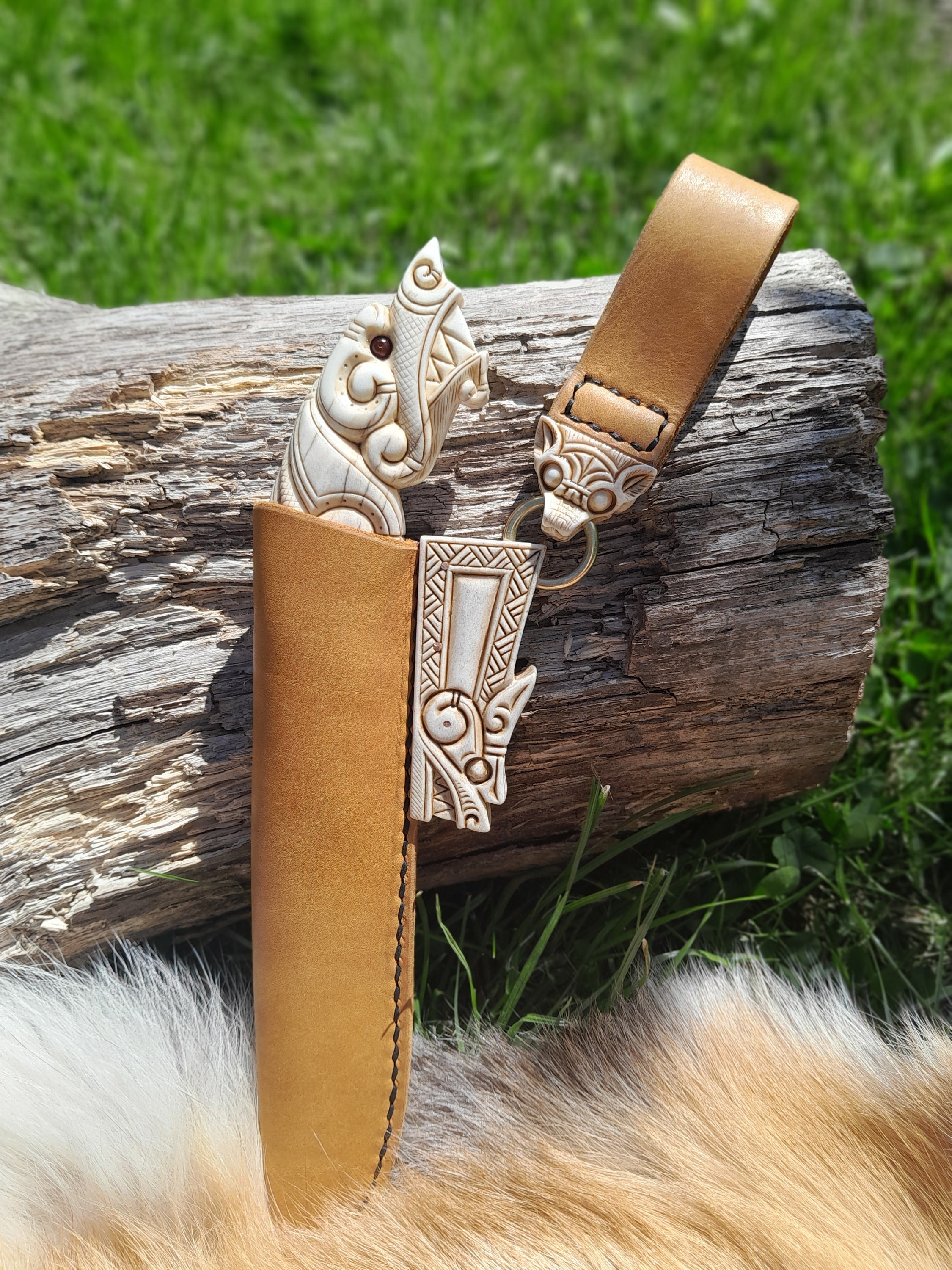 Hand-carved Viking Seax Knife: Dragon Handle, Carbon Steel Blade